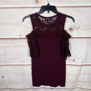 INC Concepts Top Women M Burgundy Rib Knit Sweater Cold Shoulder Lace Trim Solid